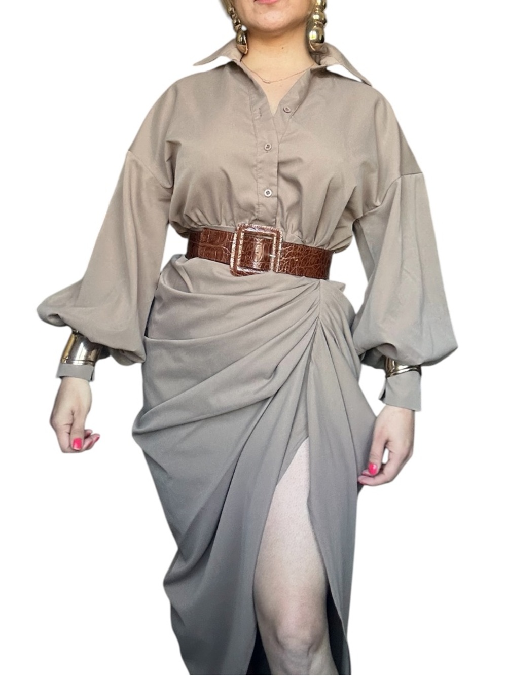 Pretty Little Thing Balloon Sleeve Gathered skirt Midi Shirt Dress Size 2